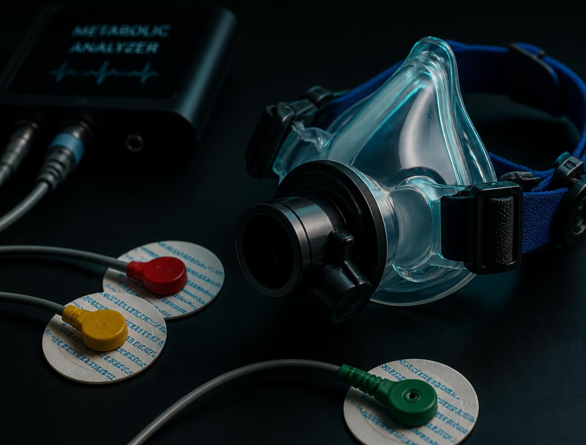 Metabolic analyser, breathing mask and ECG electrodes used during VO₂max testing